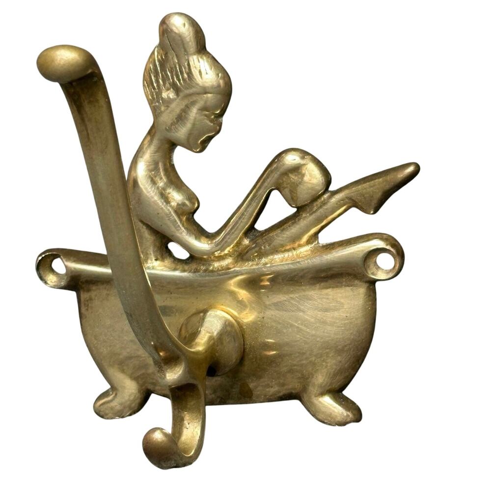Vintage 70s brass shower hook woman bathing Rosenthal Taiwan 4x4 bath tub soak